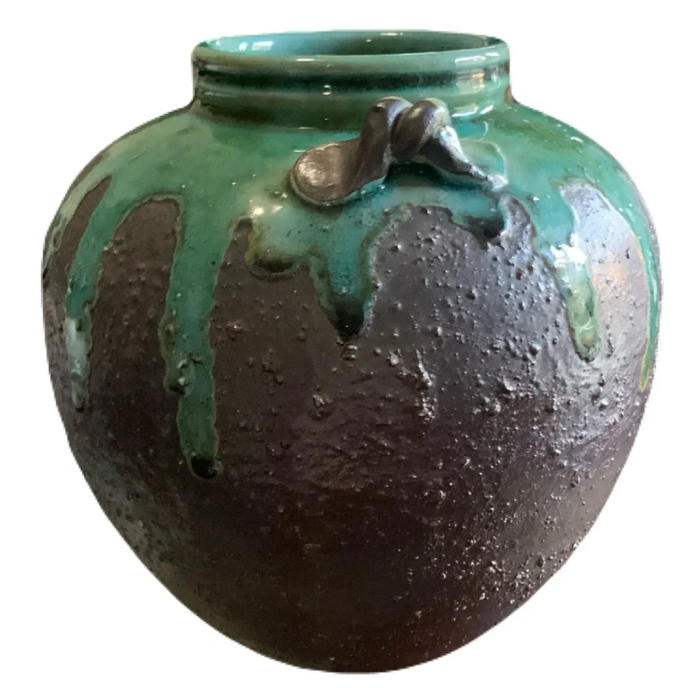 Vintage 1950s-70s Japanese Studio Pottery Drip Green Brown Lava Glaze MCM Vase